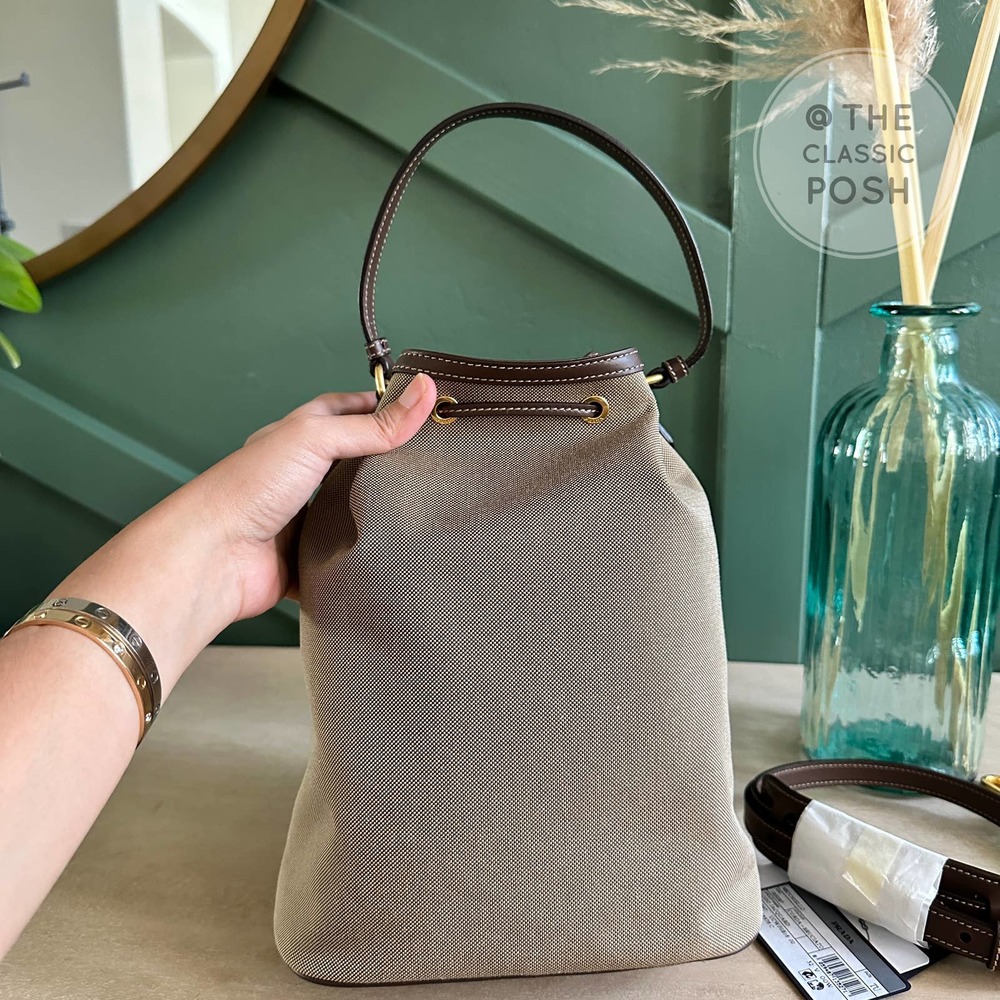 NEW Prada Jacquard Logo Bucket Brown Canvas Tote Small Crossbody Bag - Picture 7 of 12
